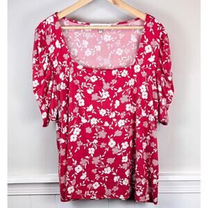 Socialite Curve Short Petal Sleeve Top in Bright Red and White Floral Print 2x